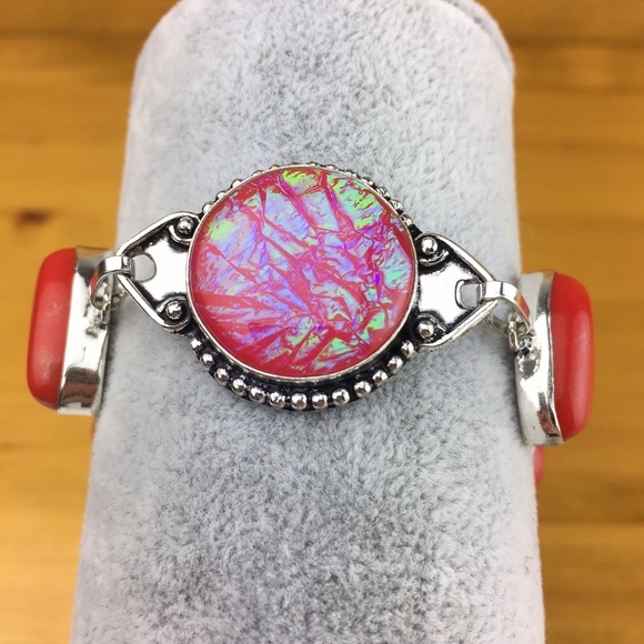 New Pink Dichroic Iridescent Triplet Opal & Coral Silver Overlay Bracelet - Picture 2 of 8